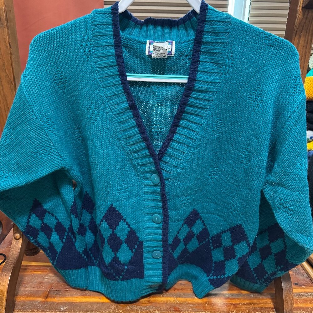 1990s 62 East Turquoise/ Navy Trim Women's Sweaters | 100% Acrylic | Women’s M